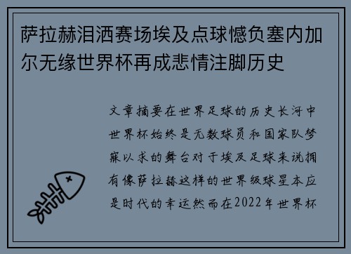 萨拉赫泪洒赛场埃及点球憾负塞内加尔无缘世界杯再成悲情注脚历史